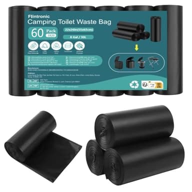 flintronic Toilettenbeutel Schwarz Set, 60 Stück Biologisch Abbaubare Toilettenbeutel, 30L Campingtoilette Beutel, Wasserdichte Trenntoilette Zubehör für Campen, Wandern, Reisen