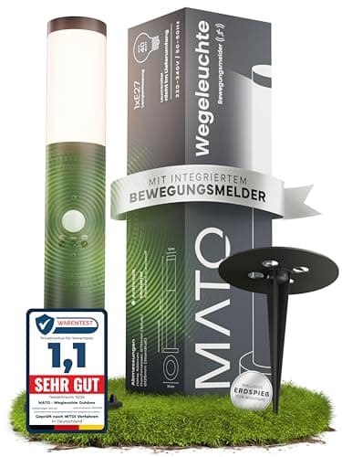 MATO Wegeleuchte mit Bewegungsmelder - inkl. Erdspieß, E27 Fassung, Höhe 50 cm - Outdoor Pollerleuchte aus Edelstahl IP44 - Wegleuchten Außen, Sockelleuchte, Standleuchte, Gehwegleuchten
