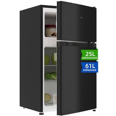 CHIQ Kühl-/Gefrierkombination/Gefrierfach oben Kühlschrank｜86 Liter (25L/61L), 85cm | 4 Sterne Gefrierfach, -18 °C bis -8 °C｜mit LED, für Wohnheime, Wohnungen und Hotels, Kühlschrank mit Gefrierfach