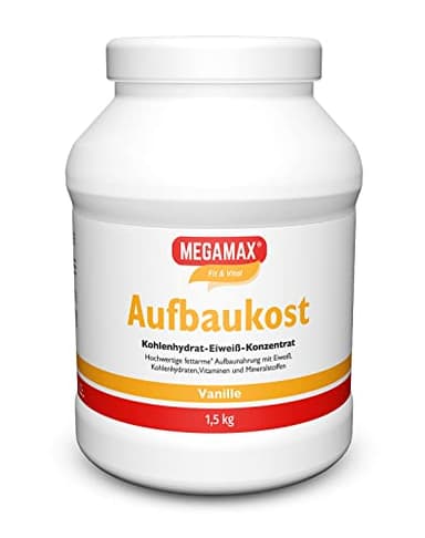 MEGAMAX Aufbaukost Vanille 1.5 kg Ideal zur Kräftigung bei Untergewicht Proteinpulver zur Zubereitung eines fettarmen Kohlenhydrat-Eiweiß-Getränkes für Muskelmasse u. Muskelaufbau Gewichtszunahme