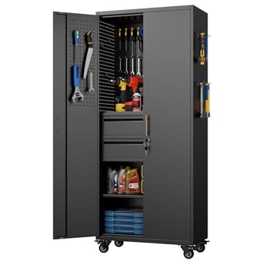 Aobabo Metall-Aufbewahrungsschrank mit 5 Stecktafeln und 2 Schubladen, 180 x 76 x 38 cm, abschließbarer Stahl-Werkzeugschrank für Garage, Lager, Montage erforderlich (NW-2 Schublade, Schwarz)