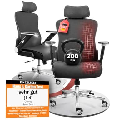 CLOUVOU PowerSeat Bürostuhl Ergonomisch [TESTSIEGER] Schreibtischstuhl 100% individuell einstellbar | Büro Stuhl & Gaming Stuhl | Computerstuhl Home Office Chair Ergonomic | Drehstuhl 200 kg