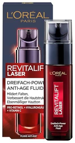 L'Oréal Paris Anti-Aging Fluid für Frauen, Gesichtspflege gegen Falten & für ebenmäßigeren Hautton, mit Hyaluronsäure, Pro-Retinol und Vitamin C, Revitalift Laser, 30 ml
