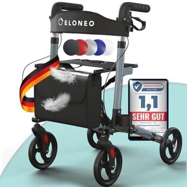 ELONEO Rollator faltbar und leicht mit Sitz, Leichtgewicht-Reiserollator aus Aluminium, Gehhilfe 8-fach höhenverstellbar, Laufhilfe 3-fach faltbar für Kofferraum, Tasche & Schirmhalter Anthrazit