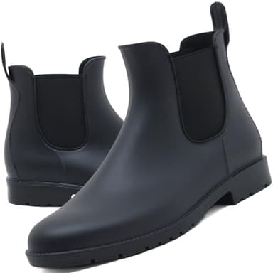 Acfoda Gummistiefel Damen Kurzschaft Regenstiefel Herren Wasserdicht Lack Regen Schuhe Ankle Chelsea Boots Gummi Stiefeletten mit Blockabsatz Schwarz Gr.42