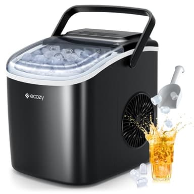 ecozy Eiswürfelmaschine Klein, Selbstreinigende Ice Maker, 2 Eiswürfel Größen, 9 Würfel in 6 Minuten Fertig, 12 KG/24H Schaufel und Korb für Küche, Büro, Bar, Party