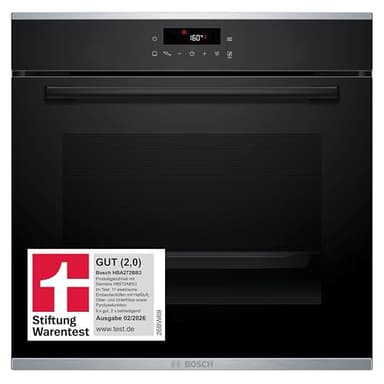 Bosch HBA272BB3, Stiftung Warentest GUT (2,0)*, Serie 4 Einbau-Backofen 60 x 60 cm, Pyrolyse-Selbstreinigung & Hydrolyse, LED Touch Control, 3D-Heißluft, 10 Automatikprogramme, Schnellaufheizung