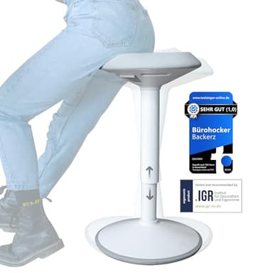 Backerz Ergonomischer Hocker - Bürohocker Testsieger mit 40-60 cm Stehhocker Höhenverstellbar mit Schwingeffekt - Büro Stehstuhl - Rutschfester Sitzhocker Ergonomisch - Wackelhocker Büro - Weiß