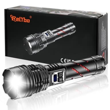 Relybo Taschenlampe LED Aufladbar 1000000 Lumen, LED Taschenlampe Extrem Hell, 2 Schalter Stufenlos Dimmbar, Starke Taktische Taschenlampe USB Aufladbar Flashlight Für Outdoor Camping Wandern Notfälle
