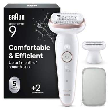 Braun Silk-épil 9 Epilierer Damen mit Schwenkbarem Kopf für Eine Einfache Haarentfernung, Wet&Dry, Langanhaltend Glatte Haut, Wasserdicht — Inkl. Rasieraufsatz und Trimmeraufsatz — 9-030, Weiß/Rosa