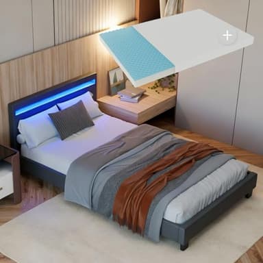 Juskys Polsterbett Paris 120x200 cm - Bettgestell inkl. LED-Beleuchtung, Lattenrost & Matratze - grau - Kunstleder - Einzelbett Jugendbett