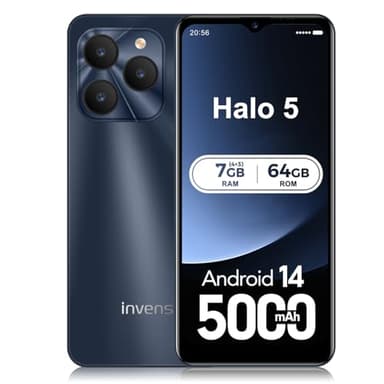 invens Halo 5 Handy Ohne Vertrag - 7GB(4+3)+64GB /256GB Smartphone Ohne Vertrag Android 14, 6,52 Zoll Bildschirm 5000mAh Handy Günstig, 16MP+8MP Kamera, 4G Dual SIM/Face ID/GPS/3.5mm Jack, Dunkelblau