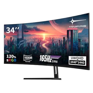 Minifire 34 Zoll UWQHD Curved Gaming Monitor 165Hz(DP),3440 x 1440, Curved 1500R,1ms(MPRT),Pip/PBP,FreeSync,HDR, 300nits, sRGB 125%, DCI-P3 95%,VA Panel,2xHDMI 2.1(TMDS) 1xDP 1.4 Ports MFG34C5Q