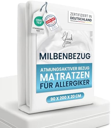 Glückstoff® Premium Milbenbezug Matratze 90x200x20 [Zertifiziert IN Deutschland] Allergiker Bettwäsche Set Anti Milbe - Allergiker Matratzenbezug - Encasing Bettwäsche Anti Milben - Milbenschutzbezug