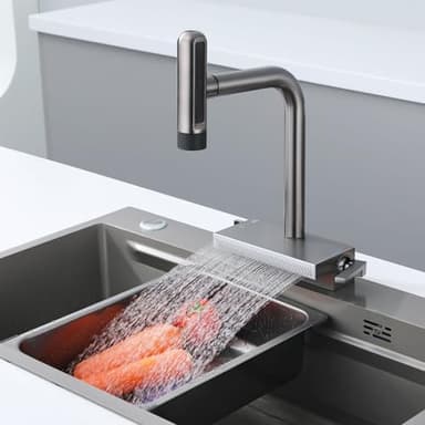 Wasserfall Wasserhahn Küche mit Brause Ausziehbar, 7 Modus Küchenarmatur Wasserfall 360° Drehbar Mischbatterie Spültischarmatur, Edelstahl Armatur Küche mit Breiter Wasserfallauslauf, Pistolengrau