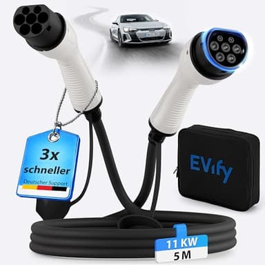 EVify Typ 2 Ladekabel 11kW 5M 16A für Elektroauto & Hybrid inkl. Kabeltasche • Kabel 3 phasig für EV/PHEV • E Auto Ladekabel Typ 2 11kw • geeignet für Modell 3 S X Y, ID3, ID4, ID5, ID7, Elroq, Enyaq