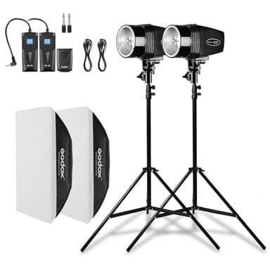 Godox Professionelles Studioblitz Set, Godox Studio Blitzlicht für Fotografie, 2x180W 5600K Blitzkopf Kit mit Stroboskop Auslöser, Lichtständer, Softboxen, 220V Studio Monolight Strobe Flash Set