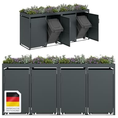 STEELSØN Thoria Mülltonnenbox 4er bis 240L mit Pflanzendach – Mülltonnenverkleidung aus Stahl für 4 Tonnen – Müllcontainer in Anthrazit – Müllbox mit Pflanzenkasten – Gerätebox 125x80x268 cm (HxTxB)