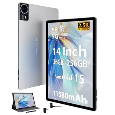 MAXLEGEN Tablet 14 Zoll, 2.5K Touch Display, 36GB RAM+256GB ROM 1TB TF SIM Tablet, 4G LTE+5G WiFi, Android 15, Octa-Core, 4 Lautsprecher, 13MP, 11580mAh, GMS, GPS, Tablets mit Pen/Hülle/Kopfhörer