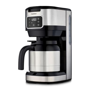 MEDION Kaffeemaschine mit Thermoskanne und Timer (Filtermaschine, 10 Tassen, 1,25 Liter, 900 Watt, Timer Zeitschaltuhr, Antitropf, Display, MD11019) edelstahl