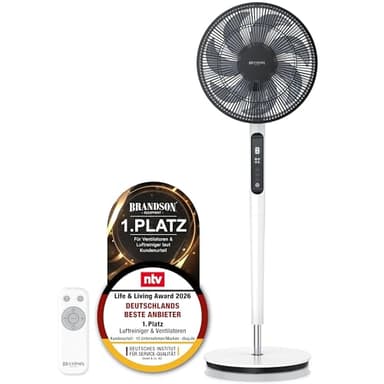 Brandson - DC Standventilator energiesparend ECO - Sieger Ventilatoren 2026 - Fernbedienung - Brushless Silent Motor - sehr leise – Oszilation 60° 90° 120° - 12 Stufen - Turbo Modus - weiß