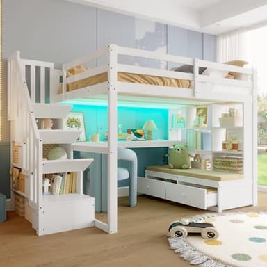 LANTRO JS Hochbett 140x200 mit Schreibtisch und Treppe, Kinderhochbett mit Regalen und Stauraum, Kiefer Hochbett Kinder, LED-Kopfteil, Multifunktionales Design, Weiß