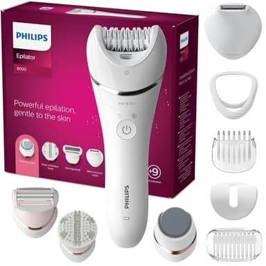 Philips Epilierer Series 8000, kabelloser Nass- und Trockenepilierer für Beine und Körper, mit 9 Zubehörteilen, Rasierer, Langhaarschneider, Pediküre und Körperpeeling-Gerät, Modell BRE740/10