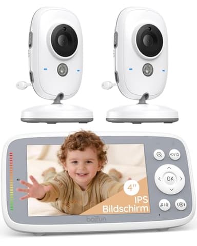 BOIFUN Babyphone mit 2 Kameras, VOX Nachtsicht Babyfon, Temperaturüberwachung, Gegensprechfunktion Video Überwachung mit 4 Zoll Digital IPS Bildschirm Wireless, Two-Way Audio, Wiegenlieder…