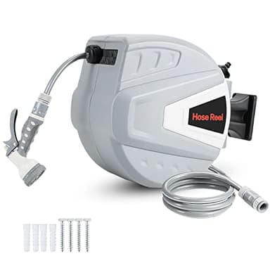 Joparri Schlauchtrommel 30m+2m mit Handbrause und Gartenschlauch, Schlauchaufroller 180° Schwenkbügel, Automatisches Aufrollen, Beliebige Länge Sperre, Wand-Schlauchbox - Grau