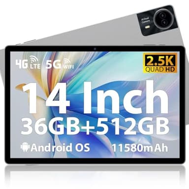 MAXLEGEN Tablet 14 Zoll, 2.5K Touch Display, 36GB RAM+256GB ROM/1TB TF SIM Tablet, 4G LTE+5G WiFi, Octa-Core, 4 Lautsprecher, 13MP, 11580mAh, GMS, GPS, Tablets mit Pen/Hülle/Kopfhörer
