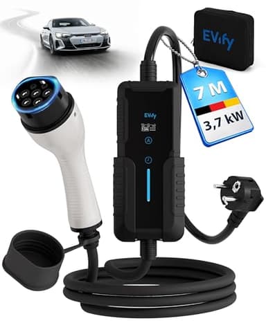 EVify Ladekabel Typ 2 Schuko 3,7kW 7M 16A für Elektroauto & Hybrid inkl. Kabeltasche • Stromstärke/Ladeleistung einstellbar 6|8|10|13|16A, ideal für PV-Anlage • Typ 2 Ladekabel Schuko