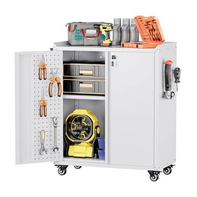 SUPEER Werkzeugschrank mit Rollen und Hände, 87x66x35cm,Pegboard und 4-Haken,Metallschrank mit 2 Türen und verstellbaren Einlegeböden, Schrank aus Stahl, abschließbar für Garage, Haus und Büro,Weiß