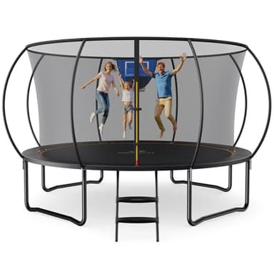 MERACH Trampolin Outdoor 305cm/366cm/427cm/488cm, Trampolin Sicherheitsnetz und Basketball, MaxLoad 150KG Bodentrampolin Outdoor Gartentrampolin