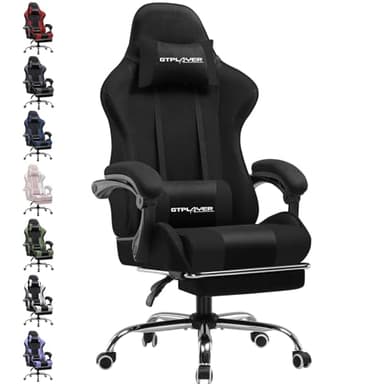 GTPLAYER Gaming Stuhl Stoff, Bürostuhl Massage Gaming Sessel Ergonomischer Gamer Stuhl mit Fußstütze, Gepolstert Gaming Chair, Drehsessel 150KG, schwarz