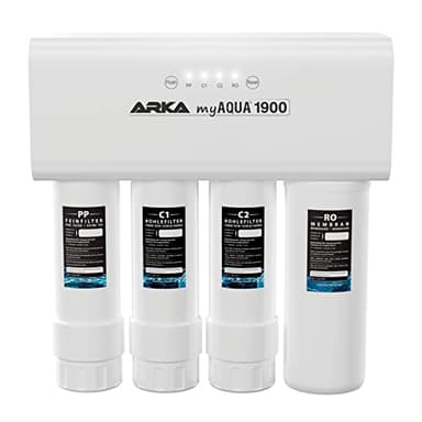 Umkehrosmoseanlage 1900 l/Tag – ARKA myAQUA 1900 – entfernt 99 % Schadstoffe, Salze & Bakterien – Wasserfilter & Enthärtungsanlage – smartes Komplettset für Haushalt & Aquarium – LED-Wechselanzeige