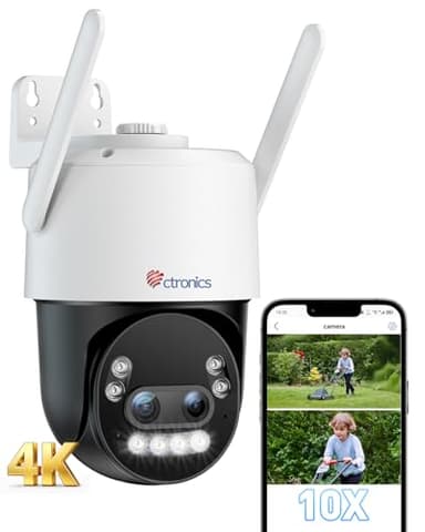 Ctronics 4K 10X Hybrid Zoom Überwachungskamera Aussen mit Auto Zoom-Tracking, WLAN Kamera Outdoor Personen-/Fahrzeug-/Tiererkennung, Farbnachtsicht 8MP, 2,4/5GHz WiFi, PC/TF/Cloud/FTP/NAS,Metal/IP66