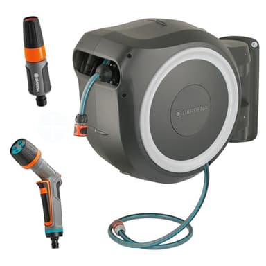 Gardena Wand-Schlauchbox RollUp L (weiß) 30 m exklusiv für Amazon: Schwenkbare Schlauchbox, integrierte Schlauchführung, inkl. 30 m Gardena Qualitätsschlauch, Reinigungsspritze und Brause (18627-38)