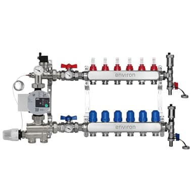 ENVIRON- Heizkreisverteiler [2-12 Heizkreise] mit Festwertregelset, Kugelhahn Set und Schnellentlüfter Set | Hocheffizienzpumpe (Wilo Para 25/6, 6 Heizkreise)