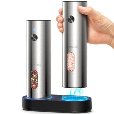 WONMAKE Salz und Pfeffermühle Elektrisch, Elektrische Pfeffermühle Mühle Set Edelstahl mit USB-C Dual Ladestation/110ML Große Kapazität/5 Einstellbarer Mahlgrad/LED-Beleuchtung, ideal Gift für Mama