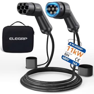 ELEGRP Typ 2 Ladekabel, 11kW 5M 16A 3-Phasig, Typ 2 auf Typ 2 Mode 3 Ladekabel für Elektroauto EV/PHEV mit Tragetasche, Geeignet für Model S/3/X/Y, VW ID.3 ID.4 e-Golf und andere EV