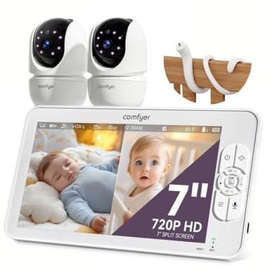 Comfyer BM01 Split-Screen Babyphone mit 2 Kameras, 7" HD 720P Video Babyphone ohne WLAN mit Halterung, IR-Nachtsicht Vox-Modus 2-Wege-Audio 6000mAh 300M Reichweite Videoüberwachungsgeräte