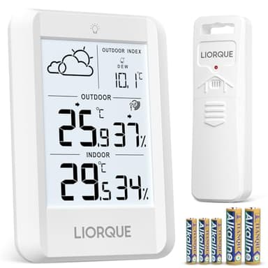 LIORQUE Wetterstation Funk mit Außensensor, Digital Thermometer Hygrometer Innen und Außen Funkwetterstation mit Wettervorhersage, Funkthermometer mit Batteriebetrieben Wetterstation, weiß