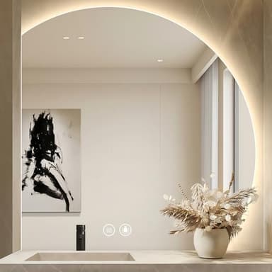 Badspiegel mit Beleuchtung, Halbrunder LED Badezimmerspiegel mit Licht, 80cm Runder Badezimmer Spiegel mit 3 Lichtfarben Dimmbar, Touch-Schalter, Beschlagfrei, IP54 HD, Asymmetrischer(A, 80×80CM)