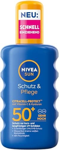 NIVEA SUN Schutz & Pflege Sonnenspray LSF 50+, wasserfestes Sonnencreme Spray mit Vitamin C & Hyaluron, schnell einziehender Sonnenschutz für 48h Feuchtigkeit (200 ml)