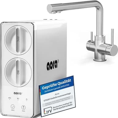 aora GT600 Umkehrosmoseanlage + 3-Wege-Edelstahl-Armatur OHNE bohren – Osmose Wasserfilter mit 8-Stufen-Filtration & Filterwechsel in 3 Sek. – Osmoseanlage Untertisch + tanklosem RO System - Giulia-L