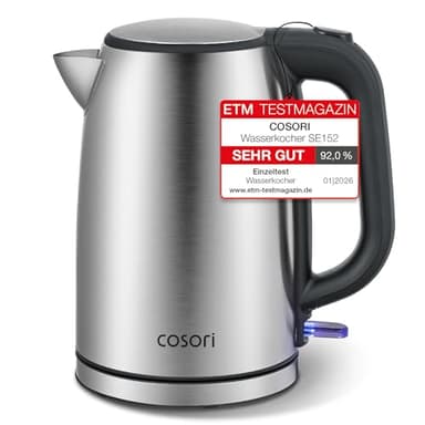 COSORI Wasserkocher Edelstahl, BPA frei, 1,7 L, Strix-Technologie, kocht in 3 Minuten, 2200W, Große Öffnung, Trockengehschutz, 360° drehbarer Sockel, Silber-schwarz