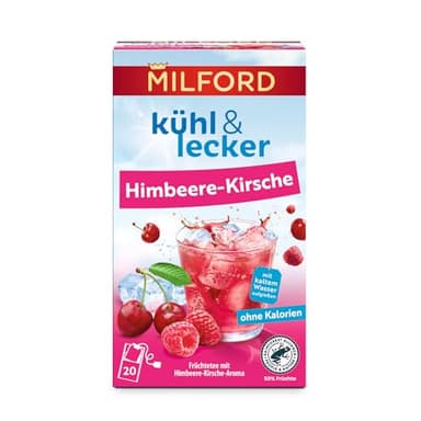 Milford kühl & lecker Himbeere-Kirsch | Ohne Kalorien | Ohne Zucker | Laktosefrei | Glutenfrei | vegan | 20 Teebeutel | 50 g
