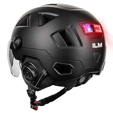 ILM Smart Bluetooth Fahrradhelm Damen Herren mit Visier Warnung Bremse LED Lichtsensor Lichtfunktion Kopfneigen Blinken Auszulösen Modell E3-12LSBT,Bluetooth Mattschwarz,L/XL