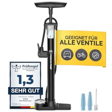 DANSI Fahrradpumpe I Standluftpumpe passend für alle gängigen Ventile inklusive Manometer & Adaptern I luftpumpe Fahrrad, luftpumpe (Basic)