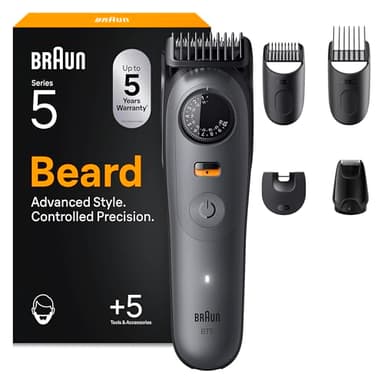 Braun Barttrimmer Series 5, Elektrischer Bartschneider Herren mit 5 Zubehörteile, Ultrascharfe Klinge, 120 Min Akkulaufzeit, Kabelloser Bartrasierer, 40 Längen, Wasserdicht, BT5525, Grau